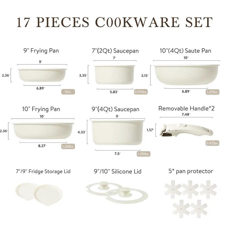 [Official] CAROTE 11Pcs Removable Handle Pots and Pans Set,Cream White/Multicolor Nonstick Cookware Sets , RV Cookware Set, Oven Safe