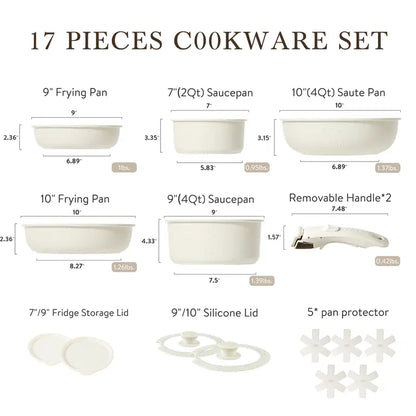 [Official] CAROTE 11Pcs Removable Handle Pots and Pans Set,Cream White/Multicolor Nonstick Cookware Sets , RV Cookware Set, Oven Safe