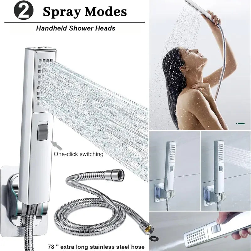 Shower Head Set,1 Set Including Rainfall Shower Head and Handheld Shower Head Set with Diverter, Shower Hose, Shower Bracket & Accessory, Mother'S Day Gift, Bathroom Shower Accessories, Bathroom Supplies